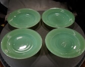 Antique Vintage Set 4 Jadeite Green Depression Glass plate Dishes Ribbed Design Dinning Collectable Home Decor Accessory Art Deco Style