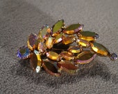Vintage Gold Tone Pin Brooch Designer Signed Continental Multi Round Marquise Prong Set Aurora Borealis Rhinestone Art Deco Style 2380