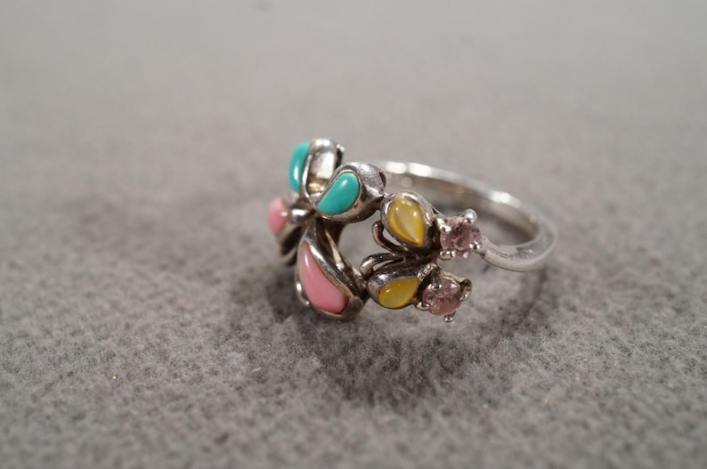Vintage Sterling Silver Wedding Cigar Band Style Ring 8 Pear Round Angel Coral Pink Topaz Mother Of Pearl Turquoise Butterfly Design Size 8