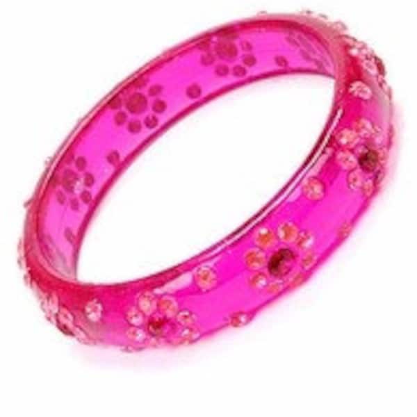 Vintage Retro Intense Pink Lucite Multi Round  Rhinestone bold  bangle  bracelet