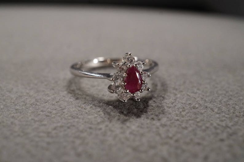 Vintage Serling Silver Band Ring Pear Prong Set Ruby 9 Round White Topaz Fancy Halo Design Size 11