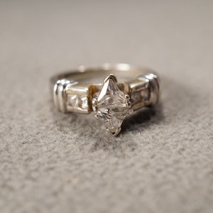 Vintage Wedding Band Stacker Design Ring Sterling Silver 6 Prong Bezel Set Trillion Square Cubic Zirconia Multi Stone Cluster Setting, 6.5
