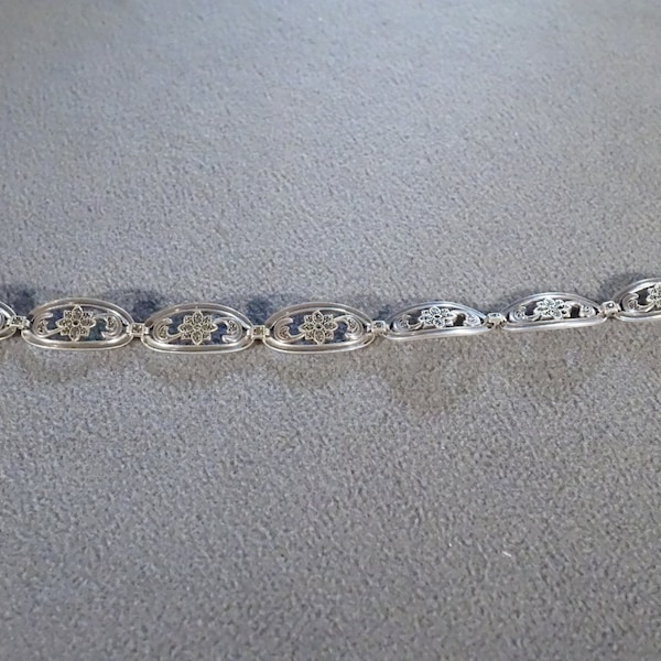 Vintage Plata 7 flor grabada fantasía Oval diseño Multi ronda Marcasita línea estación estilo pulsera de eslabones