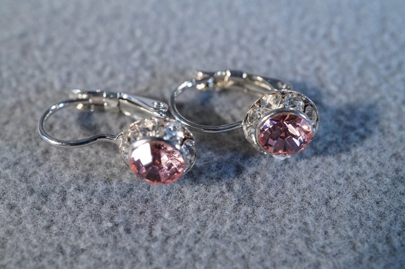 Vintage Silver Tone 2 Round Pink Multi Clear Rhinestone Dangle lever Back Style Pierced Earrings image 2