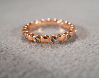 Vintage Rose Gold Tone Multi Round Rhinestone Eternity Style Wedding Band Stacker Style Ring, Size 7