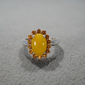 Vintage Wedding Band Stacker Design Ring Sterling Silver 16 Round Oval Prong Set Citrine Yellow Jade Cluster Halo Multi Stone Setting Size 9
