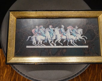 Antique Vintage Black Yellow Gold Rectangle Framed Wall Hanging Multi Colored Print Multi Grecian Goddess Figurals Horses Home Decor Classic