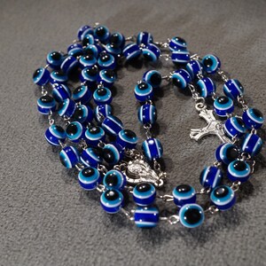 Vintage Silver Tone Religious Cross Rosary Round Lucite Bead Raised Figural Link Traditional Classic Greek Eye Of God Art Deco Style