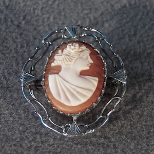 Vintage Sterling Silver Oval Fancy Carved Female Figural Cameo Pendant Charm Victorian Style Pin Brooch Enhancer Slide        **RL