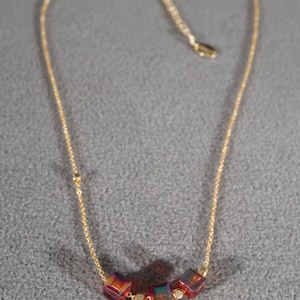 Vintage Yellow Gold Tone 5 Square Fancy Square Ruby Red Aurora Borealis Glass Bead Slide Bib Style Adjustable Necklace Chain   #544