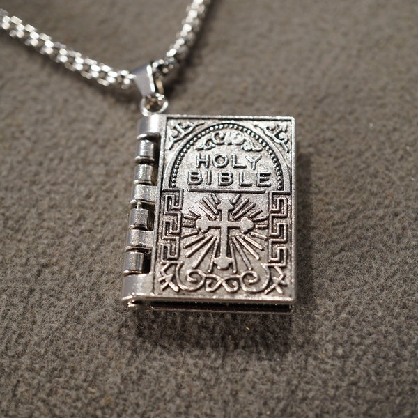 Vintage Pendant Charm Rectangle Locket Necklace Chain Silver Tone Church Religious Bible Pages Etched Lords Prayer Classic Collectable Rare