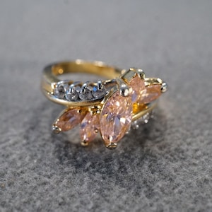Vintage Sterling Silver Gold Overlay Band Ring 13 Round Marquise Prong Set Cubic Zirconia Bypass Multi Stone Setting Art Deco Style Size 7.5