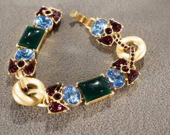 Vintage Gold Tone Tennis Bracelet Multi Color Round Oval Pear Rectangle Glass Stones Line Link Station Art Deco Style Collectable      #4021