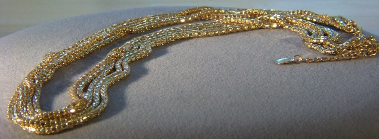 Vintage Yellow Gold Tone  5 strand 40 " Woven Tubular Link Chain Necklace      W