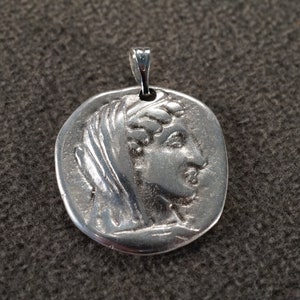 Vintage Silver Plated Greek Mediterranean Ancient Greek Classic Coin Design Popular Design Dangle Charm Pendant Art Nouveau Style