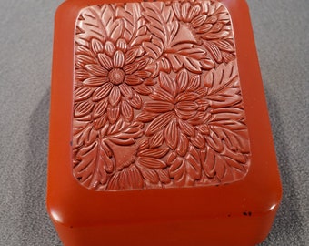 Antique Vintage Celluloid Trinket Jewelry Box Rectangle Red Cinnabar Color Raised Relief Scrolled Design Table Dresser Top Home Decor