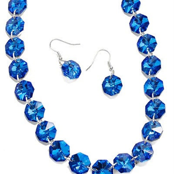 Vintage dimensional Multi Faceted Round Cobalt Blue Crystal rhinestone tennis necklace Pierced Dangle Earring Set