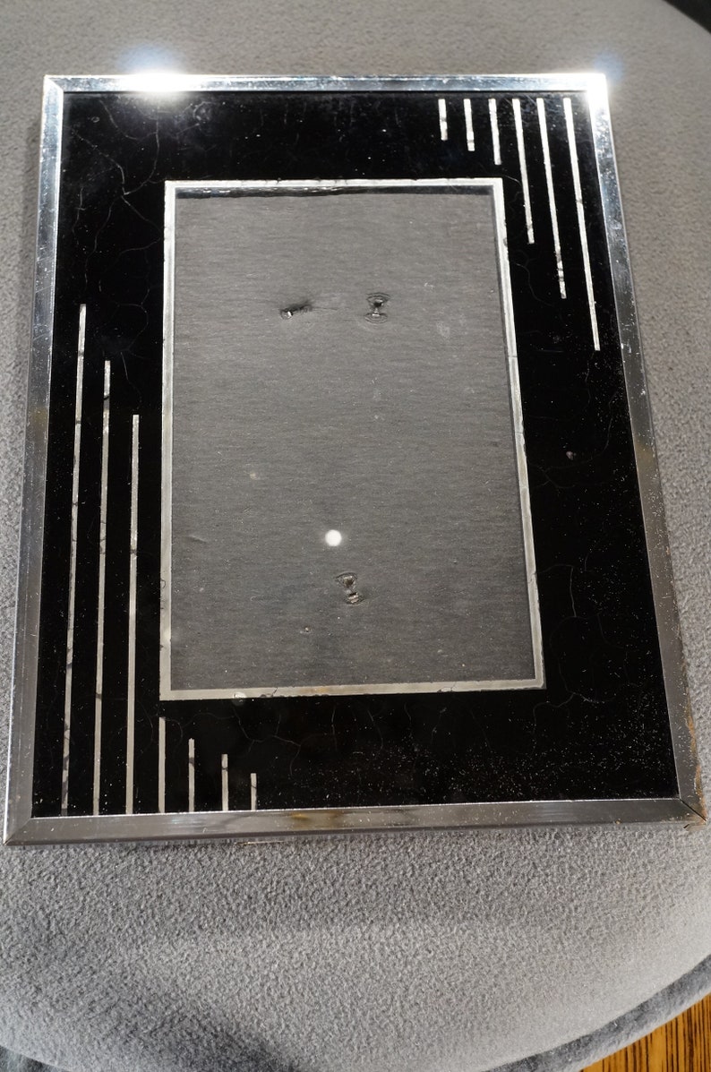 Vintage Silver Tone Picture Frame Art Deco Style Jet Black Design Table Wall Mount Design Home Decor Original Glass Collectable