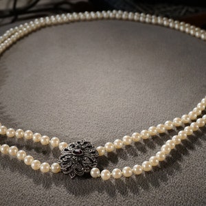 Vintage 2 Strand Necklace Multi Round Faux Glass Pearl Center Set Medallion Pendant Rhinestone Classic Collectable Art Deco Style      #3600