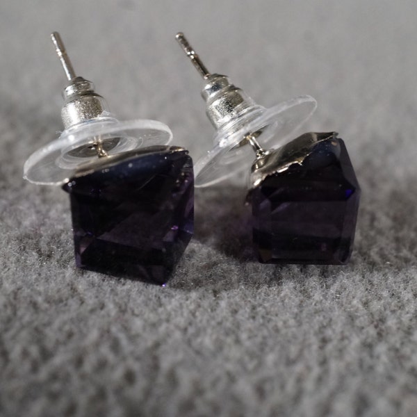 Vintage Silver Tone Domed Stud Style Pierced Earrings Unique Sleek Squared Off Purple Glass Stone