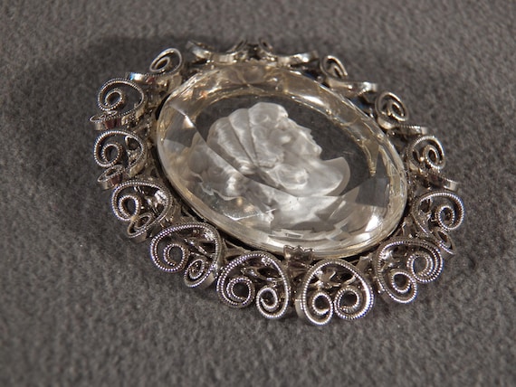 Vintage Silver Tone Oval Fancy Carved Cameo Intag… - image 2
