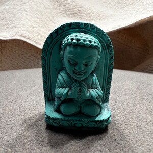 Vintage Pottery Ceramic Buddha Figurine Statue Fancy Raised Relief Design Classic Green Patina Collectable Home Decor