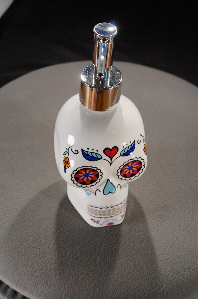 Vintage Ceramic Pottery Glazed Soap Dispenser Holder Multi Colored Detailed Skull Design Bathroom Powder Room Kitchen Accessory Home Decor image 5