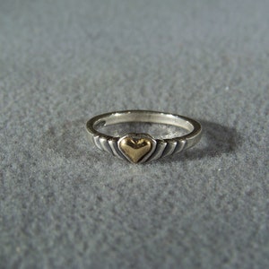 Vintage Sterling Silver  14 K Yellow Gold  Ring Fancy  Puffed Heart  Classic  Band Ring, Size 6