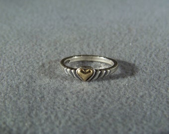 Vintage Sterling Silver  14 K Yellow Gold  Ring Fancy  Puffed Heart  Classic  Band Ring, Size 6