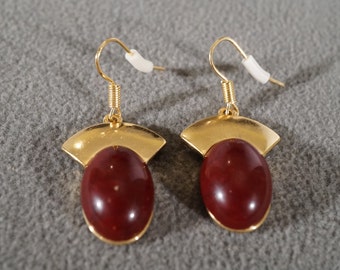 Vintage Yellow Gold Tone  2 Domed Oval Burgandy Ruby Red Glass Bead Euro Wire Style Pierced  Dangle Earrings