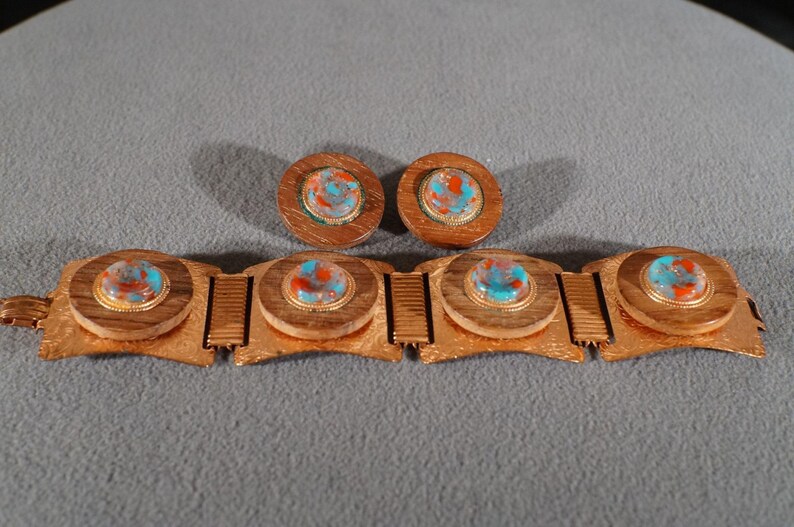 Vintage Southwestern Style Copper Art Glass Wood Fancy Scrolled Etched Line Link Station Clip On Earring SET #497 **RL