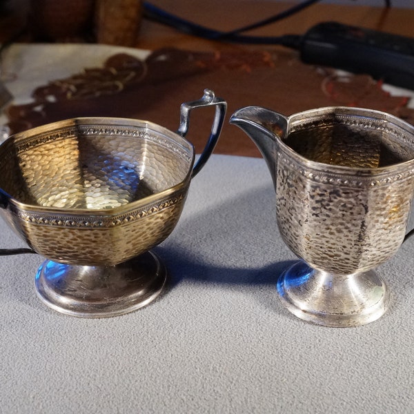 Antique Vintage Creamer Sugar SetSigned  Homan Plate Nickel Silver W M Mounts USA Table Dinning Home Decor Collectable Victorian Style