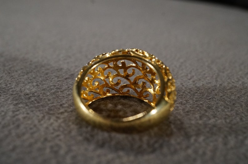 Size 7.5 Vintage Serling Silver Yellow Gold Overlay Cigar Wedding Band Stacker Design Ring Fancy Scrolled Setting Victorian Style