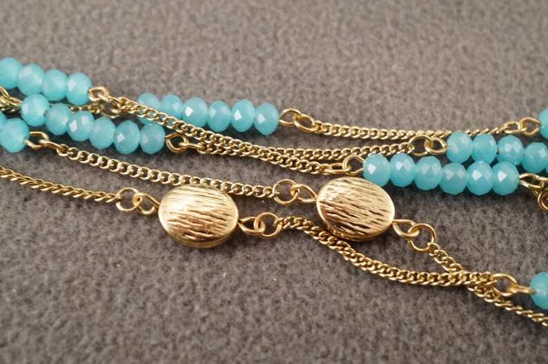 Vintage Yellow Gold Tone Multi Round Fancy Faceted Robins Egg Blue Glass Stone 6 Strand Necklace