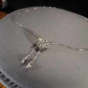 Vintage Silver Tone Slide Lavaliere Pendant Charm Necklace Chain 27 Round Marquise Prong Set Rhinestone Multi Halo Design Art Deco Style