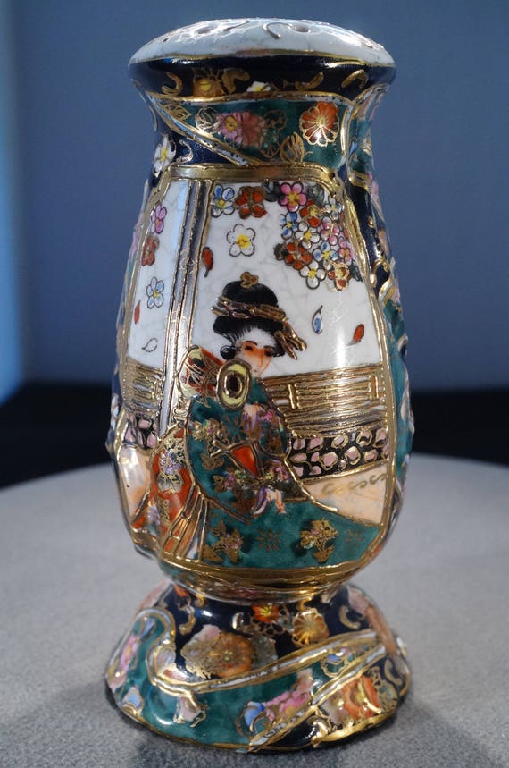 Antique Vintage Hand Painted Signed Asian Satsuma Flour Shaker Multi Colored Floral Figural Design Raised Relief Moriage Yellow Gold Gilded