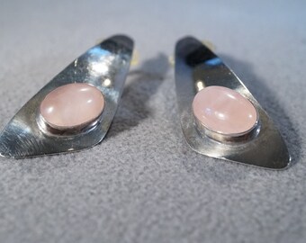 Vintage Sterling Silver 2  Oval Pink Quartz Long Dangle Chandelier Style Pierced Earrings