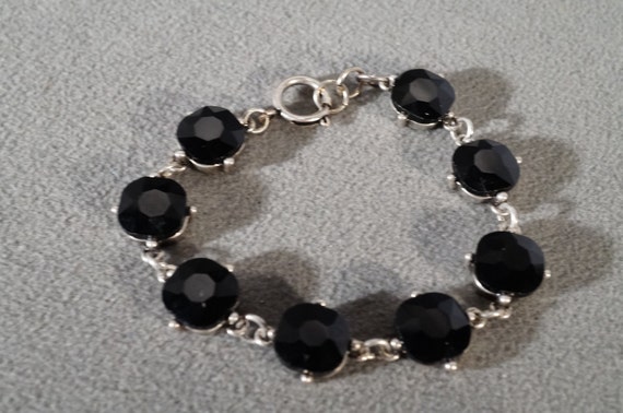 Vintage Silver Tone Round Prong Set Jet Black Faceted Glass