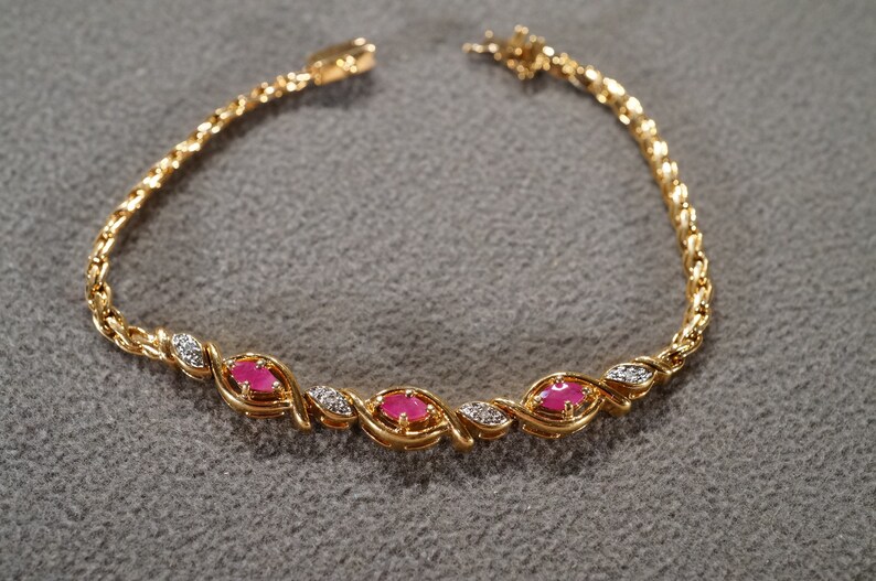 Vintage Sterling Silver Yellow Gold Overlay Station Link Design Bracelet 7 Round Marquise Prong Set Ruby Diamond Art Deco Style #2209