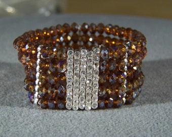 Vintage Multi Round Rhinestone Rose  Gold Copper Tone  aurora glass bead 5 strand bracelet