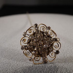 Antique Vintage Yellow Gold Tone Hat Stick Pin Brooch Multi Round Prong Set Glass Rhinestones Floral Scrolled Design Victorian Style