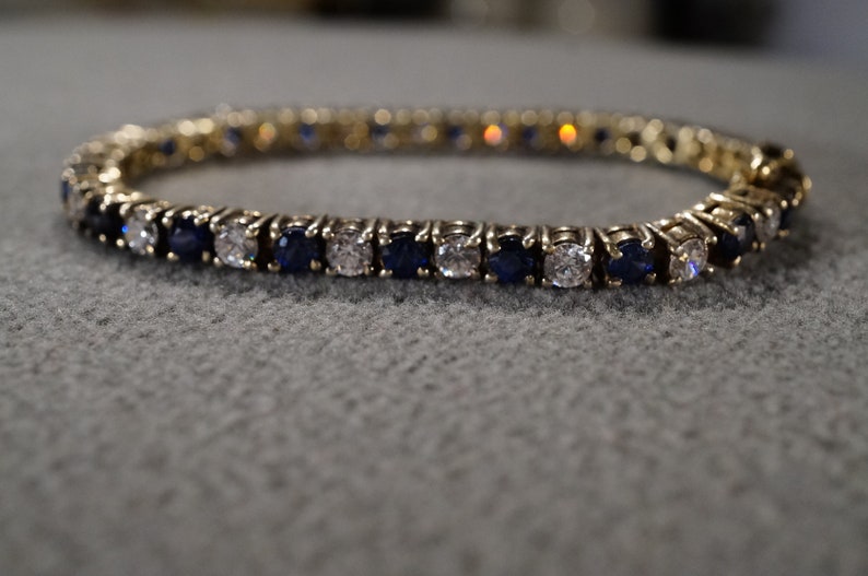 Vintage Sterling Silver Gold Overlay Tennis Bracelet 40 Round Prong Set Blue Clear Cubic Zirconia Line Link Station Art Deco Style #2732