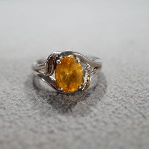 Vintage Wedding Band Stacker Design Ring Sterling Silver 7 Oval Round Prong Set Golden Citrine Diamond Cluster Multi Stone Setting, Size 7