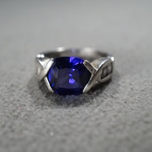 Vintage Wedding Band Stacker Design Ring Sterling Silver 5 Round Square Bezel Set Blue Clear Cubic Zirconia Multi Stone Cluster Setting, 6