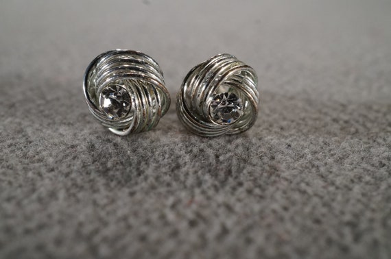 Vintage Sterling Silver Pierced Stud Door Knocker Design Earrings Raised Relief Twisted Etched Love Knot Design Art Deco Style Classic #4231