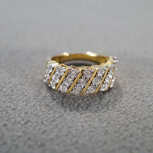 Vintage Wedding Band Stacker Design Ring Sterling Silver Yellow Gold Overlay 21 Round Prong Set Diamond Cluster Row Multi Stone Setting, 7