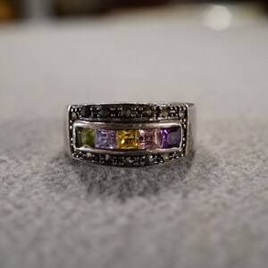Vintage Sterling Silver Wedding Band Stacker Design Ring 5 Square Citrine Peridot Amethyst Blue Pink Topaz Round Marcasite 3 Row Setting, 8