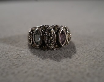 Vintage Sterling Silver Band Ring 2 Bezel Set Marquise Blue Topaz Amethyst Muti Round Marcasite, Size 8