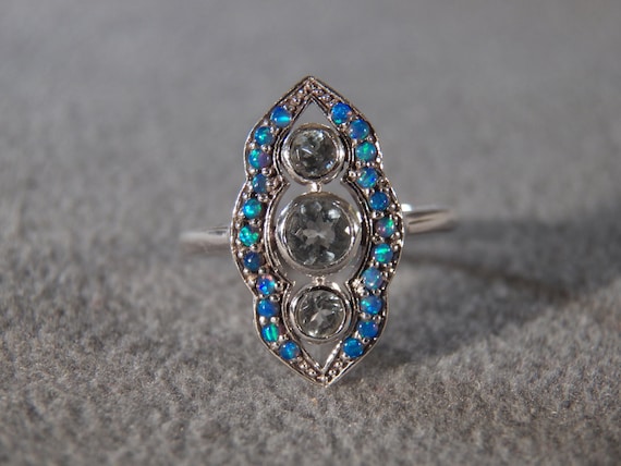 Vintage Sterling Silver 3 Round  Aqua Marine  22 Round Opal Fancy Scrolled Filigree Band Ring, Size 6.5