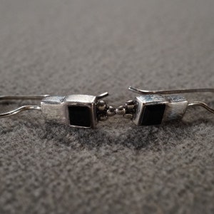 Vintage Sterling Silver Pierced Earrings Dangle Drop 2 Square Bezel Set Black Onyx Raised Relief Setting Art Deco Style Collectable    #3537